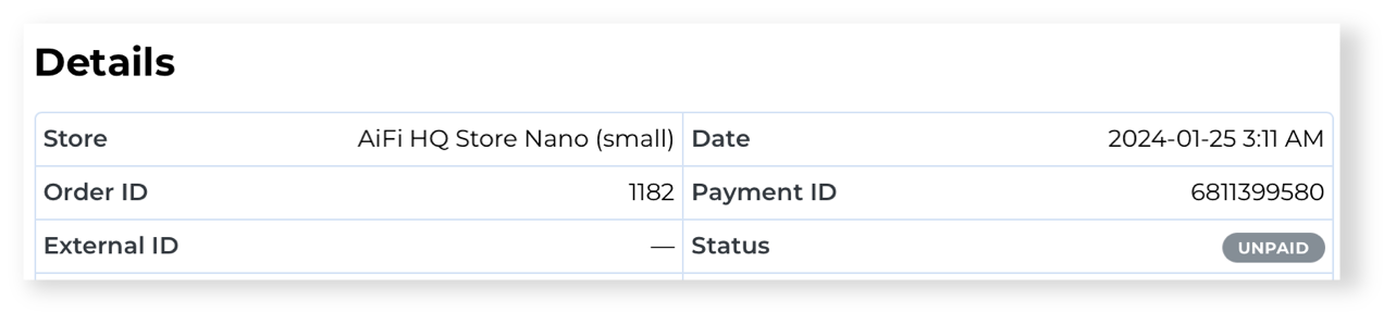 Unpaid order details