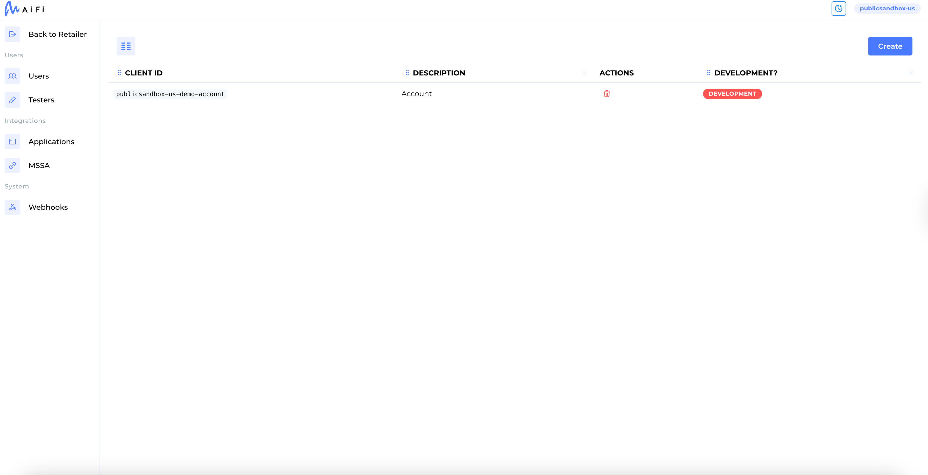 OAuth 2.0 Application List in AiFi Console
