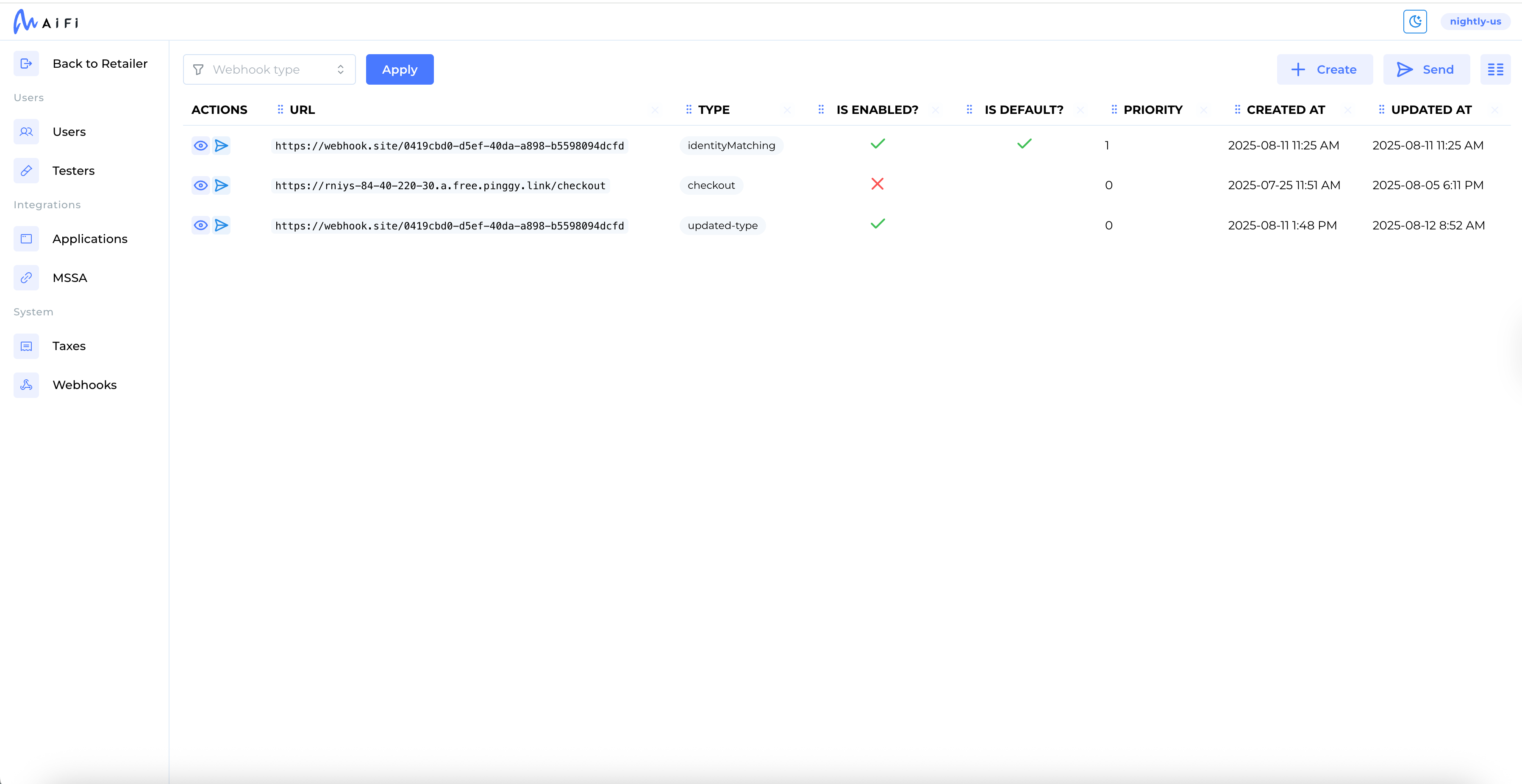 Webhook Management in AiFi Console